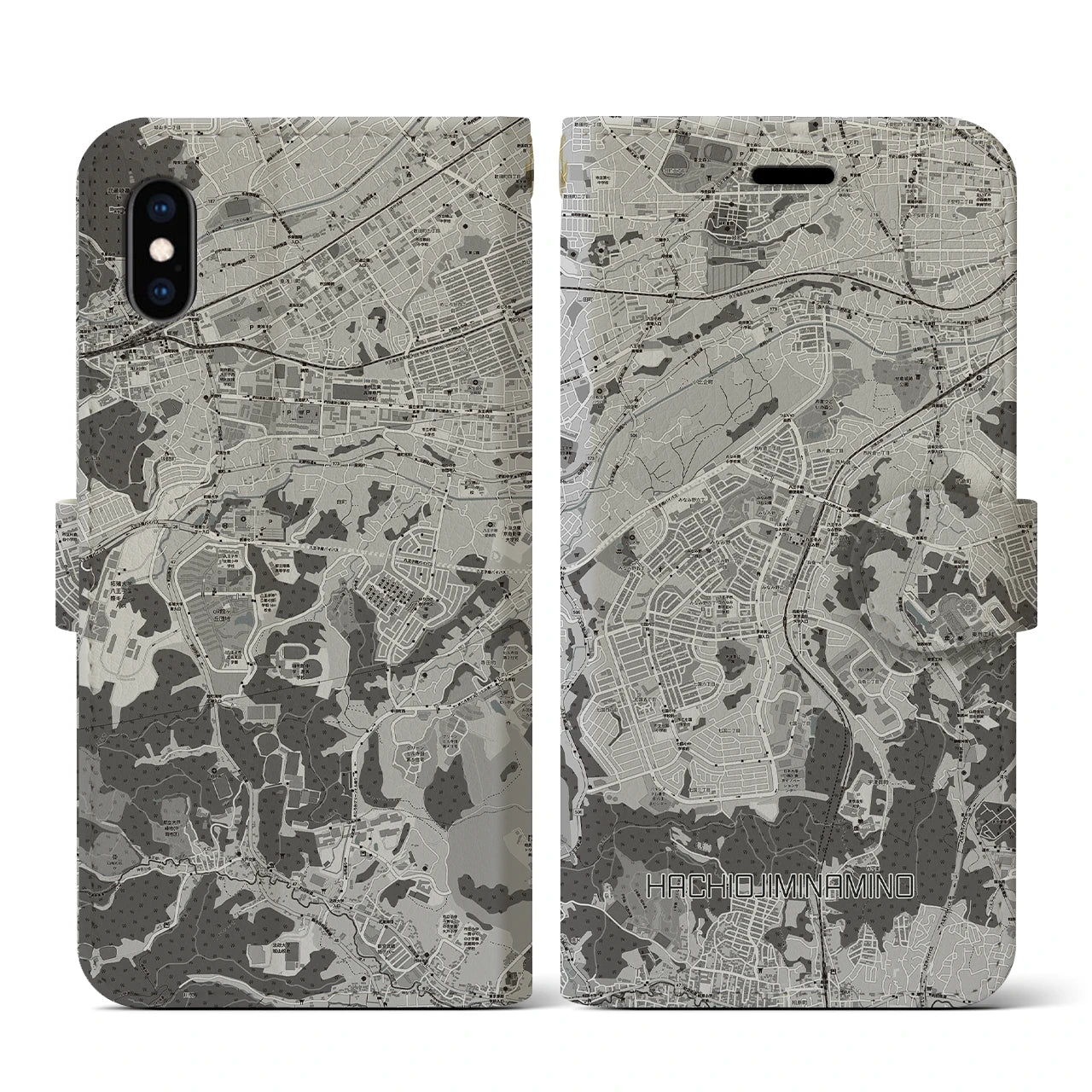【八王子みなみ野(東京都)】地図柄iPhoneケース(手帳タイプ)モノトーン・iPhone XS / X 用