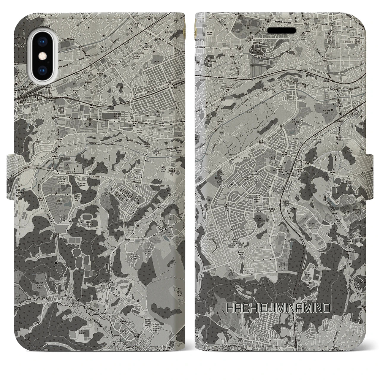 【八王子みなみ野(東京都)】地図柄iPhoneケース(手帳タイプ)モノトーン・iPhone XS Max 用