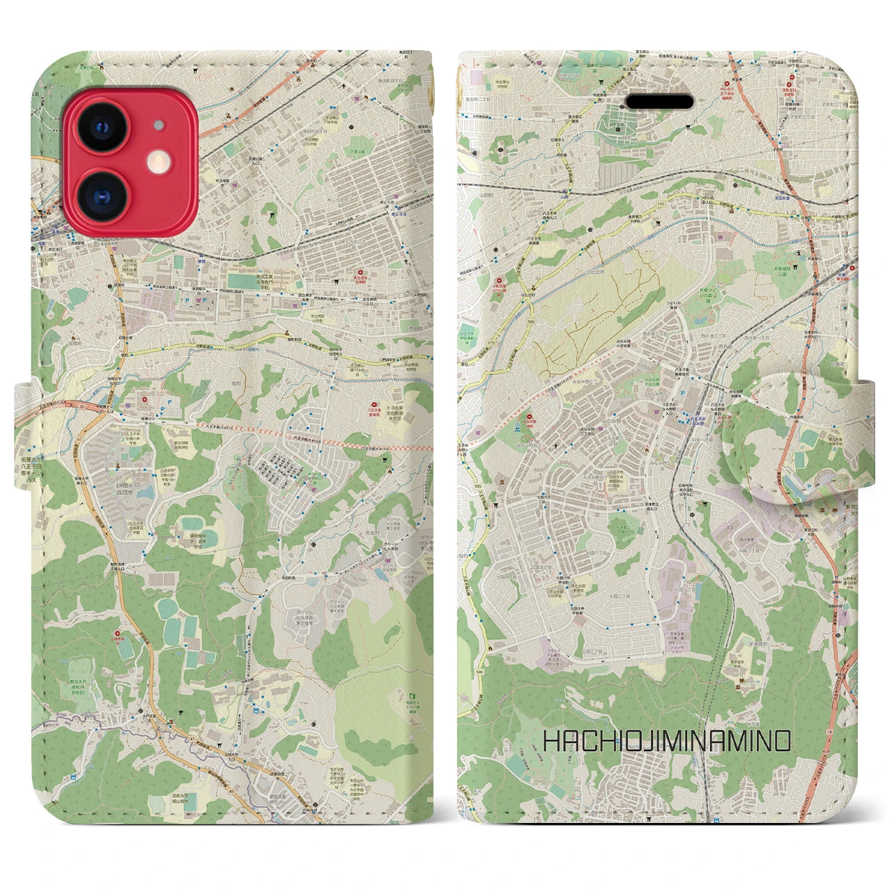 【八王子みなみ野(東京都)】地図柄iPhoneケース(手帳タイプ)ナチュラル・iPhone 11 用