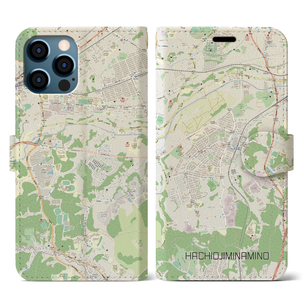 【八王子みなみ野(東京都)】地図柄iPhoneケース(手帳タイプ)ナチュラル・iPhone 12 / 12 Pro 用