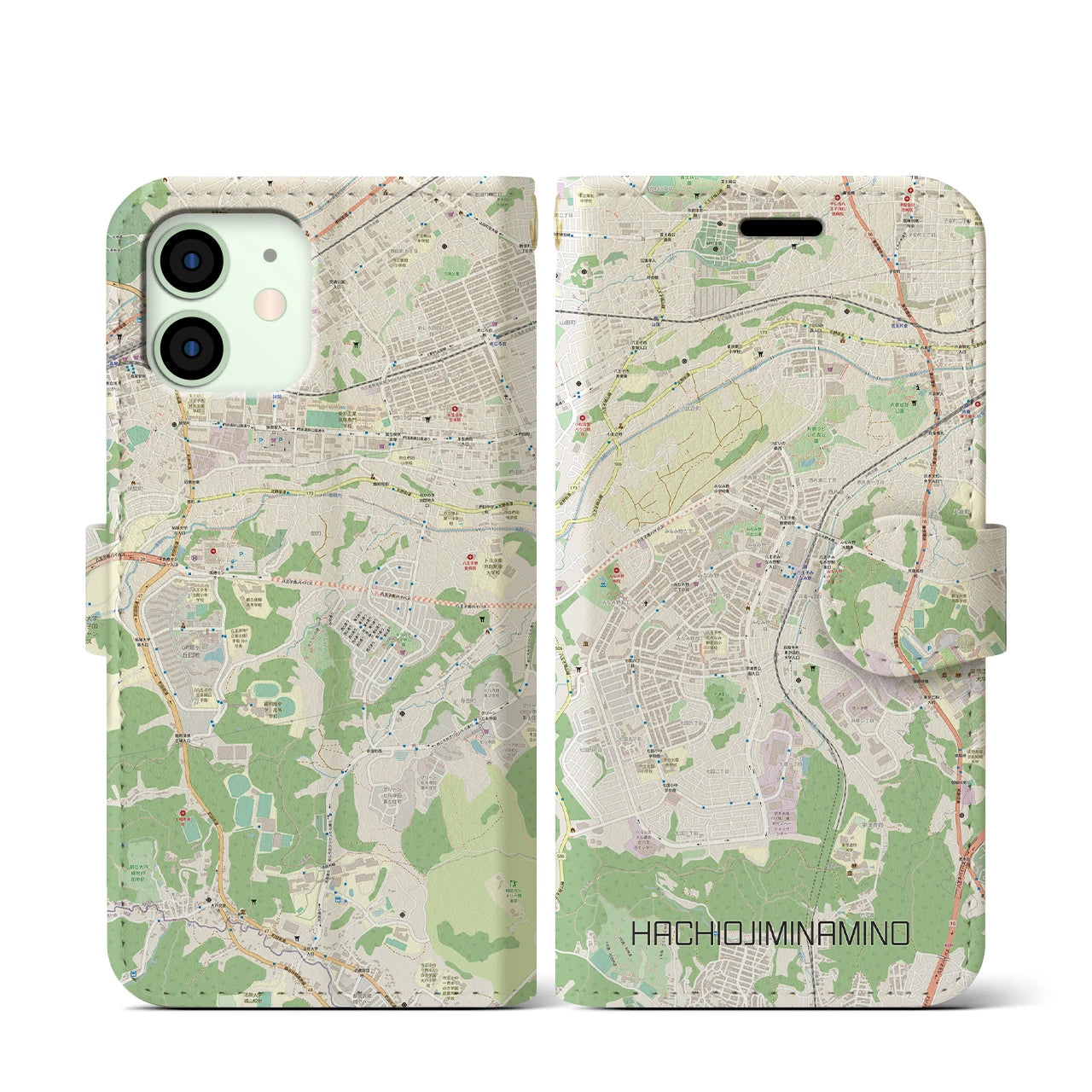 【八王子みなみ野(東京都)】地図柄iPhoneケース(手帳タイプ)ナチュラル・iPhone 12 mini 用