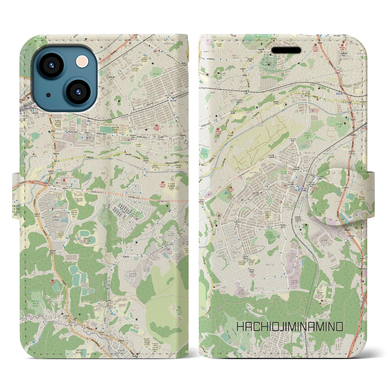 【八王子みなみ野(東京都)】地図柄iPhoneケース(手帳タイプ)ナチュラル・iPhone 13 用