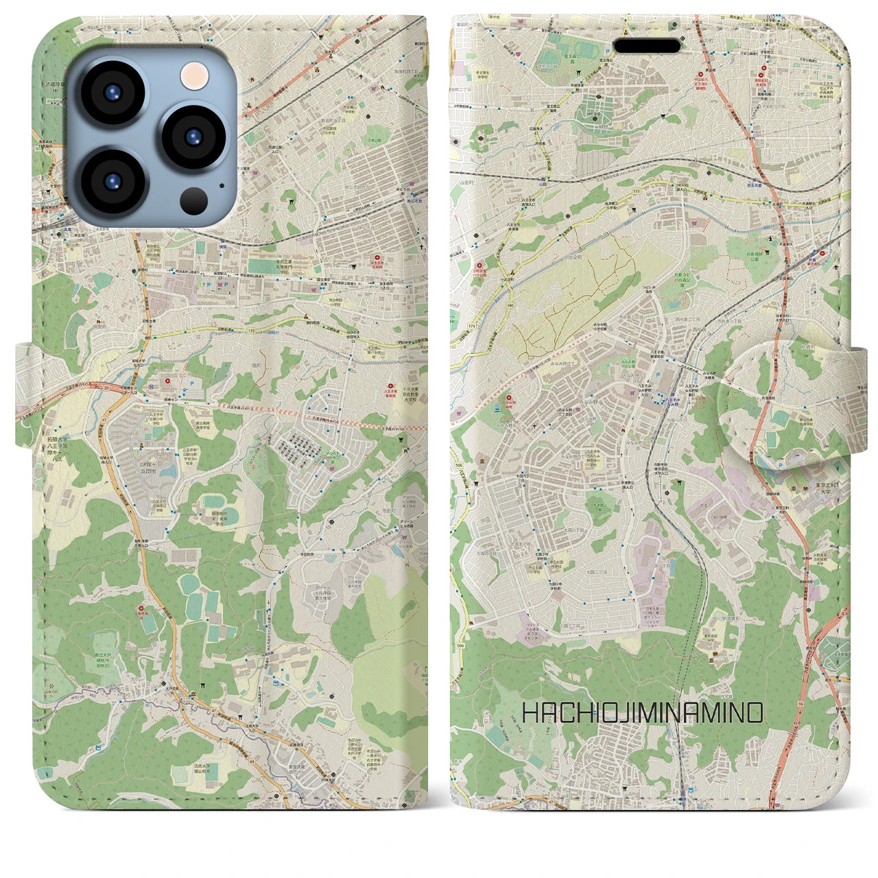 【八王子みなみ野(東京都)】地図柄iPhoneケース(手帳タイプ)ナチュラル・iPhone 13 Pro Max 用