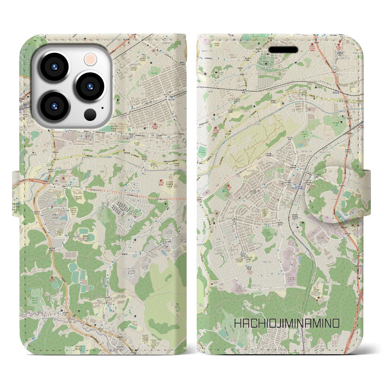 【八王子みなみ野(東京都)】地図柄iPhoneケース(手帳タイプ)ナチュラル・iPhone 13 Pro 用