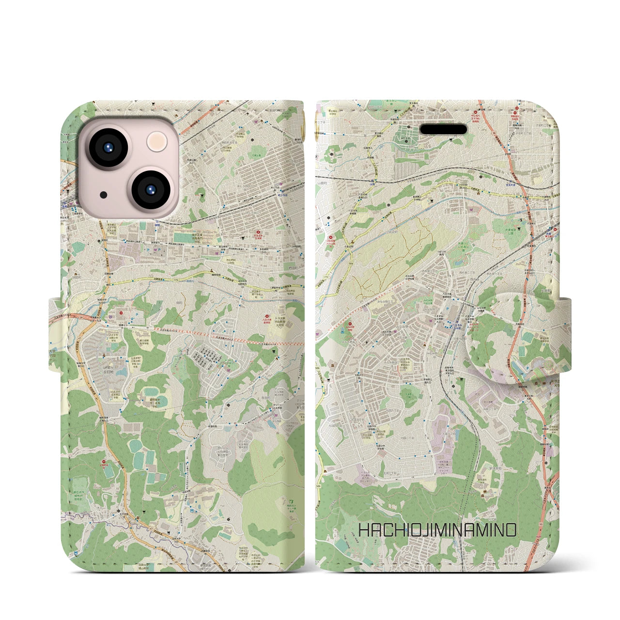 【八王子みなみ野(東京都)】地図柄iPhoneケース(手帳タイプ)ナチュラル・iPhone 13 mini 用