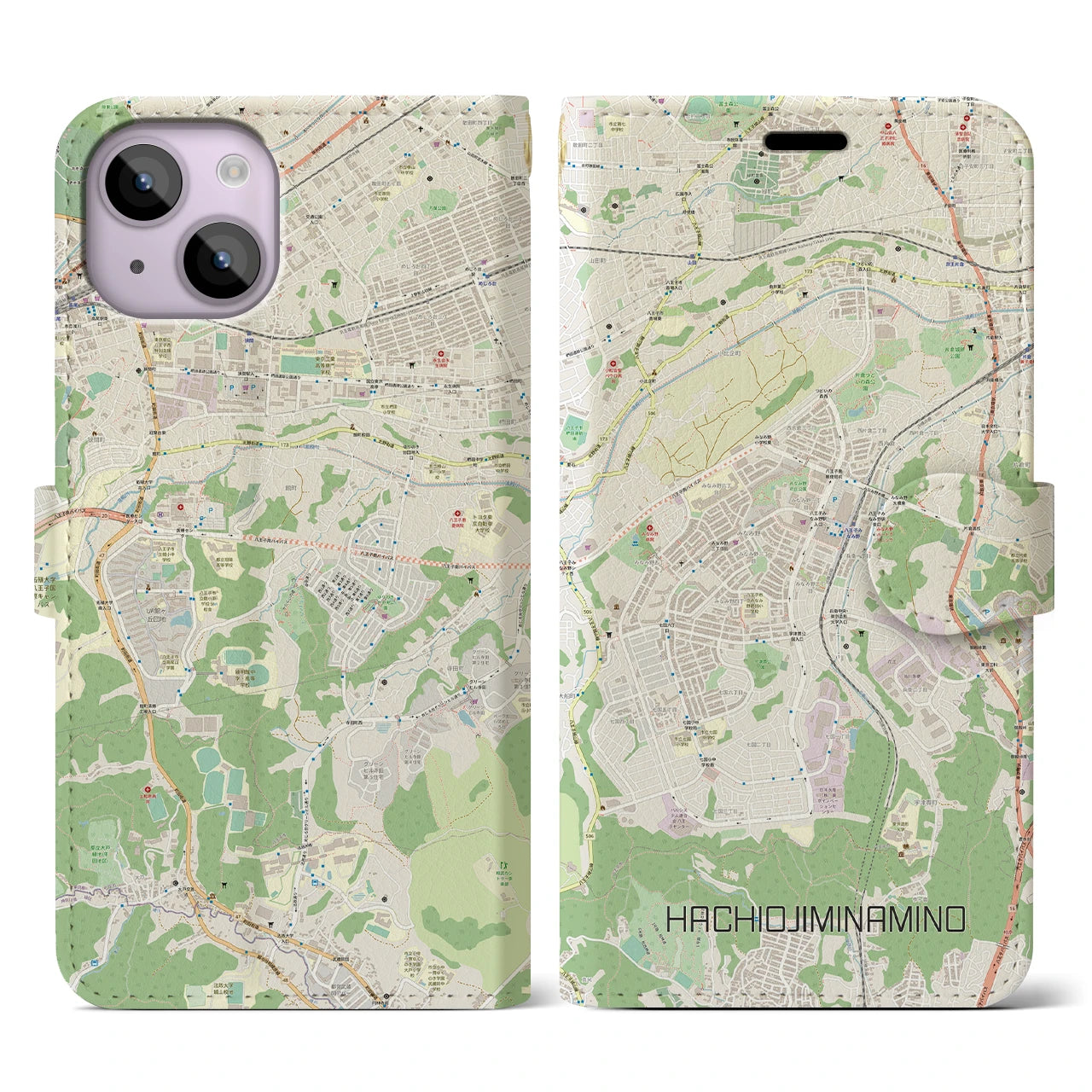 【八王子みなみ野(東京都)】地図柄iPhoneケース(手帳タイプ)ナチュラル・iPhone 14 用