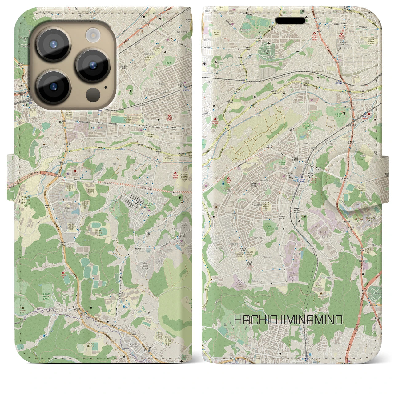 【八王子みなみ野(東京都)】地図柄iPhoneケース(手帳タイプ)ナチュラル・iPhone 14 Pro Max 用