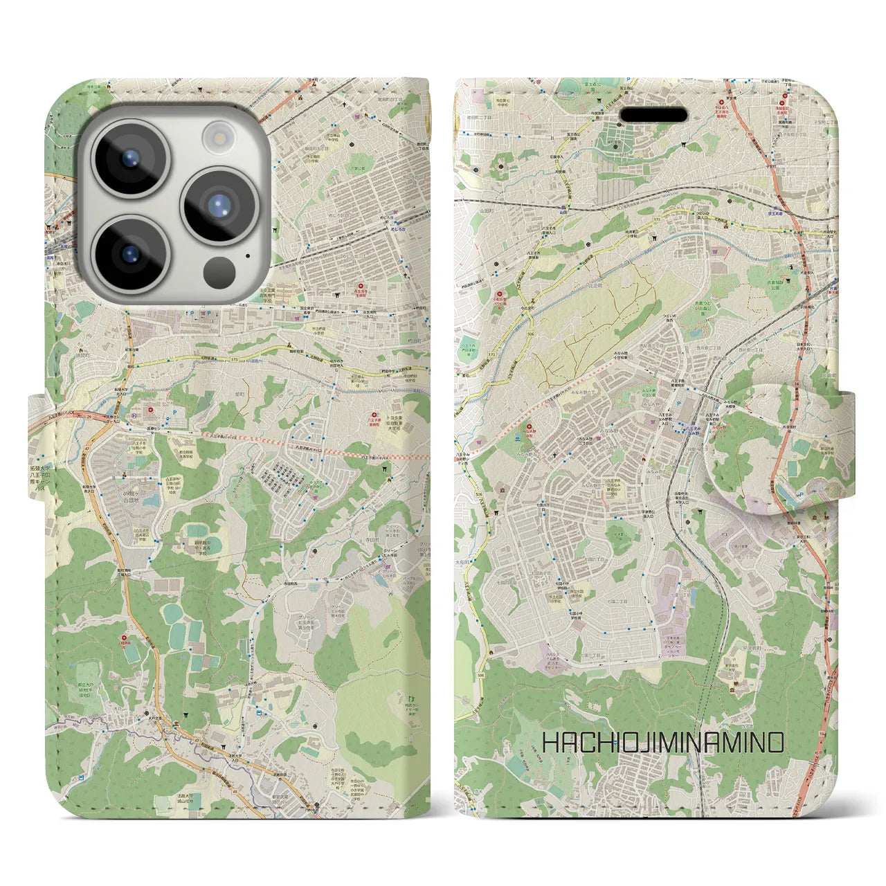【八王子みなみ野(東京都)】地図柄iPhoneケース(手帳タイプ)ナチュラル・iPhone 15 Pro 用