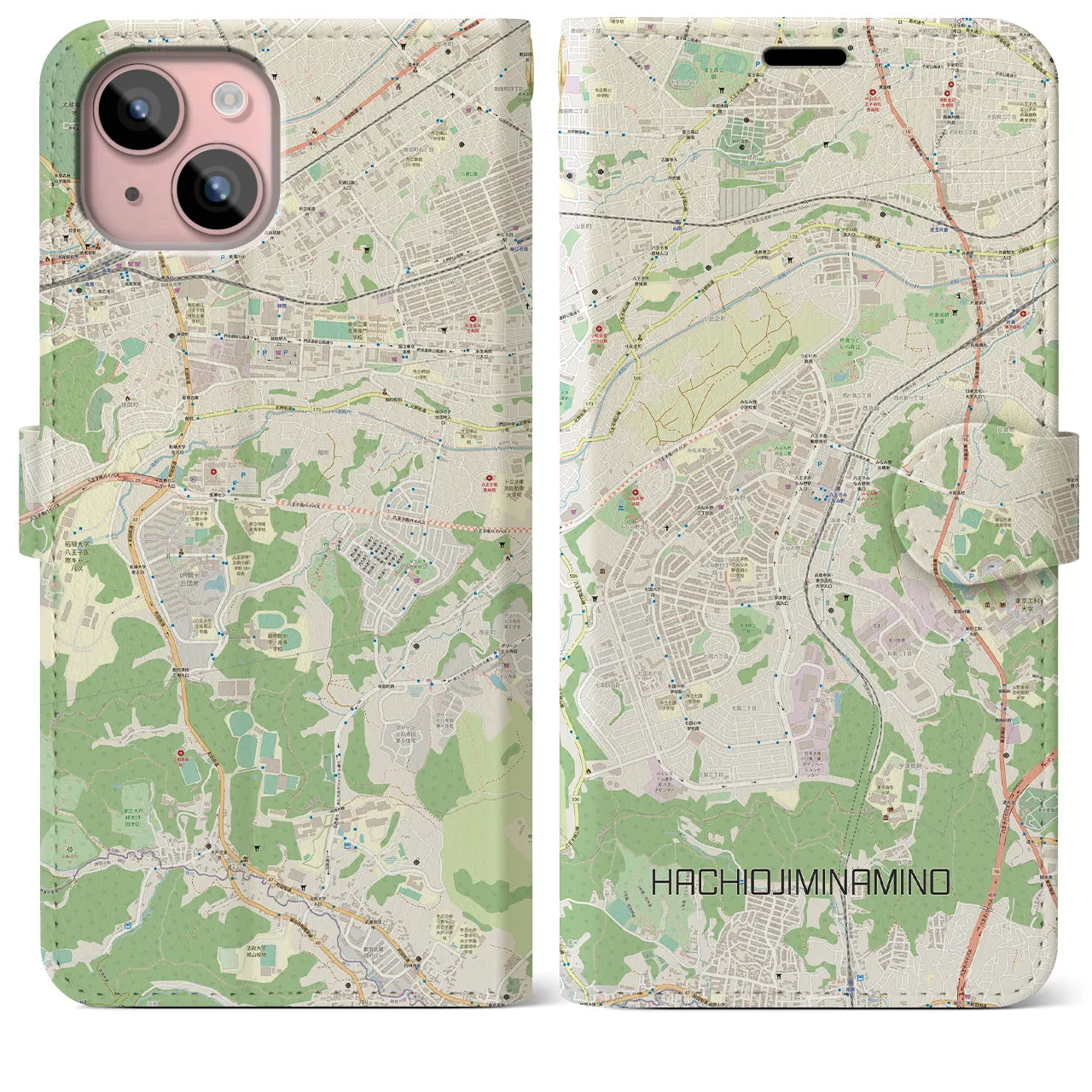 【八王子みなみ野(東京都)】地図柄iPhoneケース(手帳タイプ)ナチュラル・iPhone 15 Plus 用