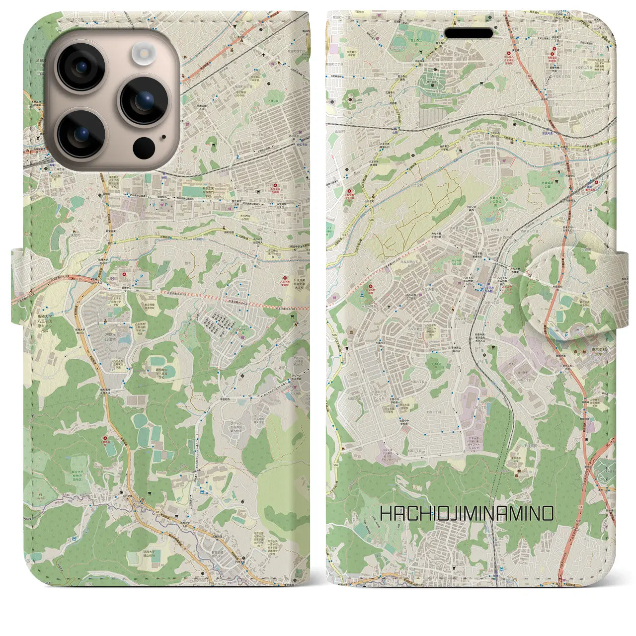 【八王子みなみ野(東京都)】地図柄iPhoneケース(手帳タイプ)ナチュラル・iPhone 16 Plus 用
