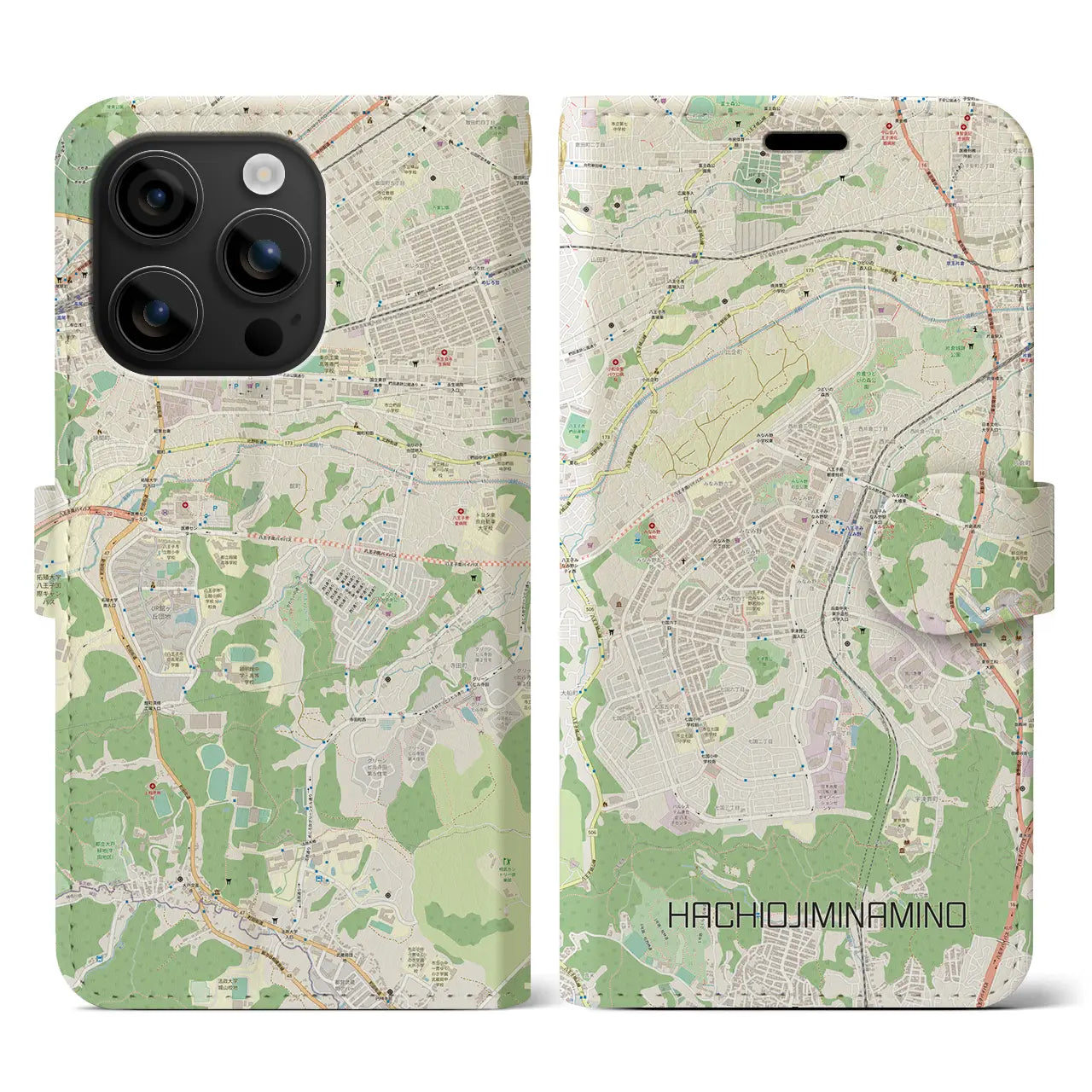 【八王子みなみ野(東京都)】地図柄iPhoneケース(手帳タイプ)ナチュラル・iPhone 16 用