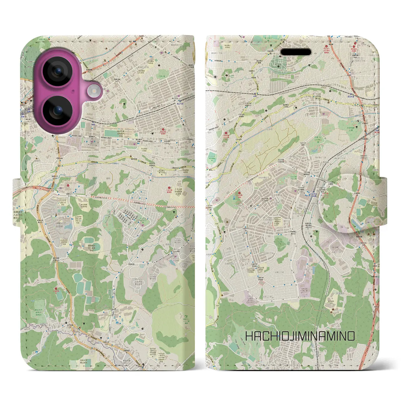 【八王子みなみ野(東京都)】地図柄iPhoneケース(手帳タイプ)ナチュラル・iPhone 16 Pro 用