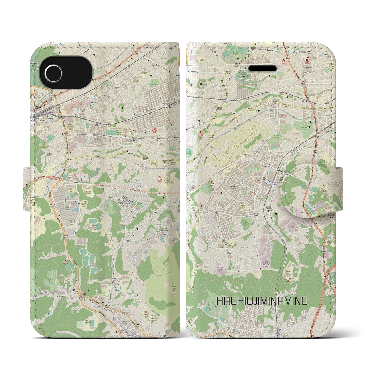 【八王子みなみ野(東京都)】地図柄iPhoneケース(手帳タイプ)ナチュラル・iPhone SE(第3 / 第2世代) / 8 / 7 / 6s / 6 用