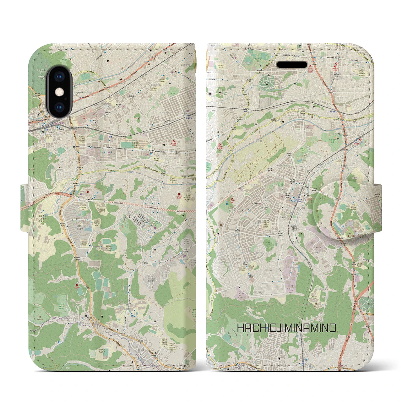 【八王子みなみ野(東京都)】地図柄iPhoneケース(手帳タイプ)ナチュラル・iPhone XS / X 用
