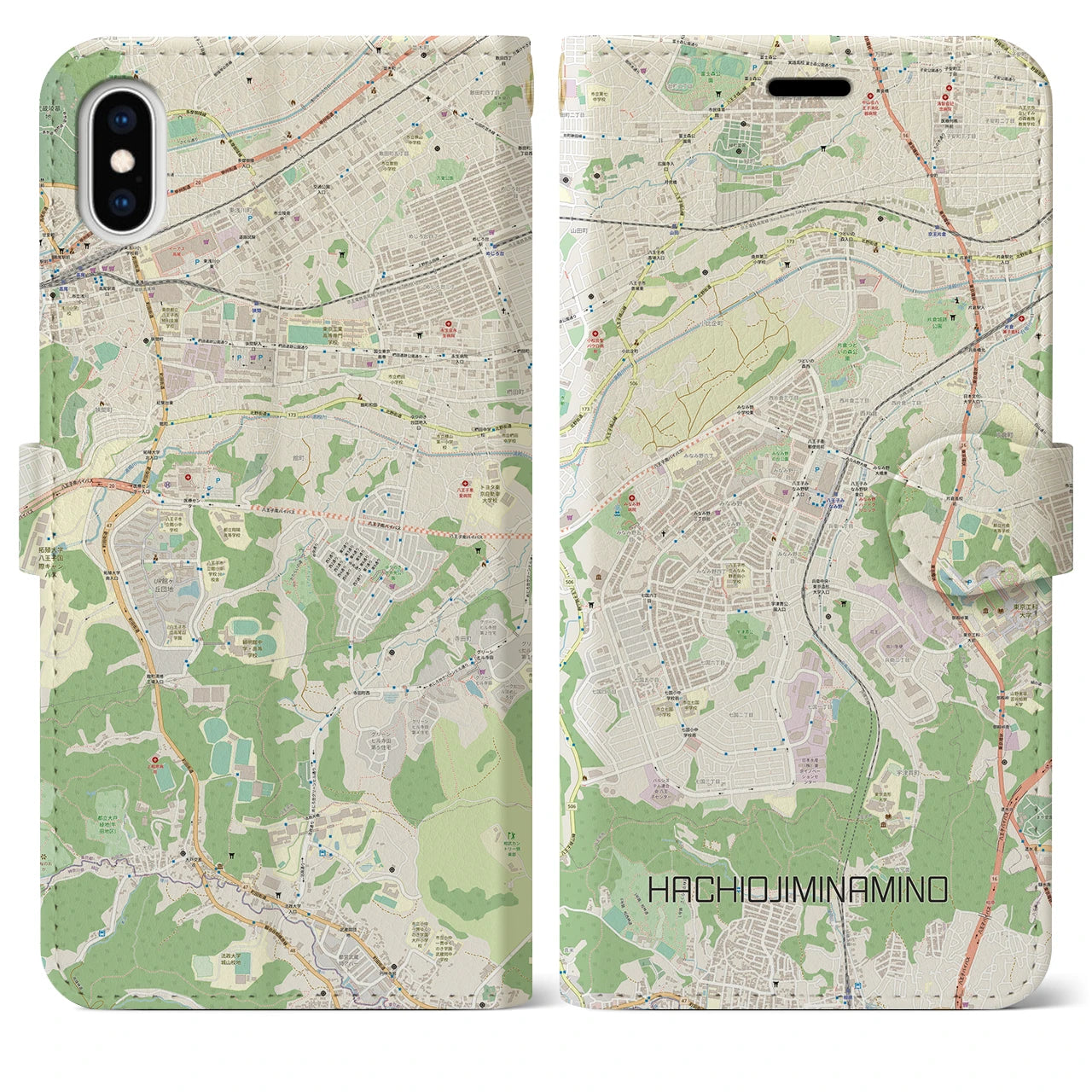 【八王子みなみ野(東京都)】地図柄iPhoneケース(手帳タイプ)ナチュラル・iPhone XS Max 用