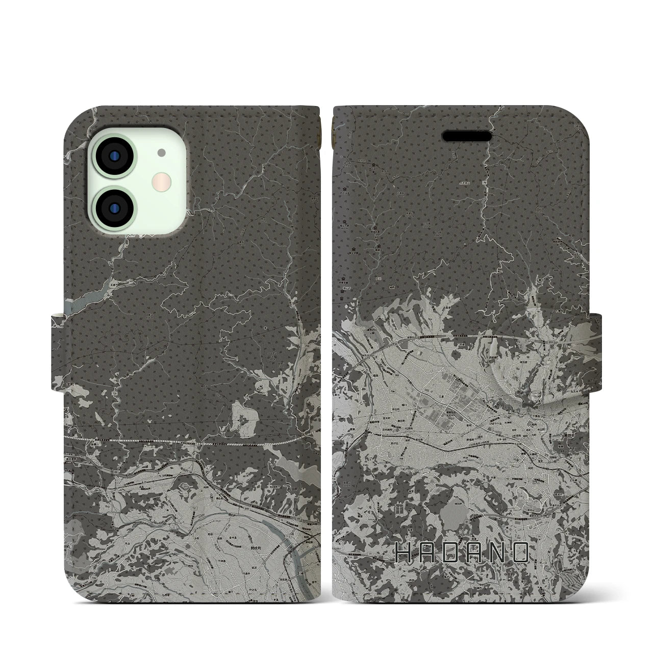 【秦野(神奈川県)】地図柄iPhoneケース(手帳タイプ)モノトーン・iPhone 12 mini 用