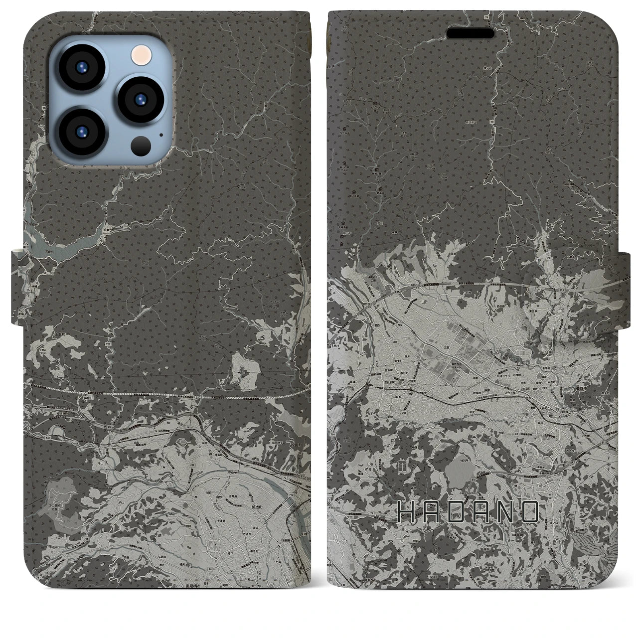 【秦野(神奈川県)】地図柄iPhoneケース(手帳タイプ)モノトーン・iPhone 13 Pro Max 用