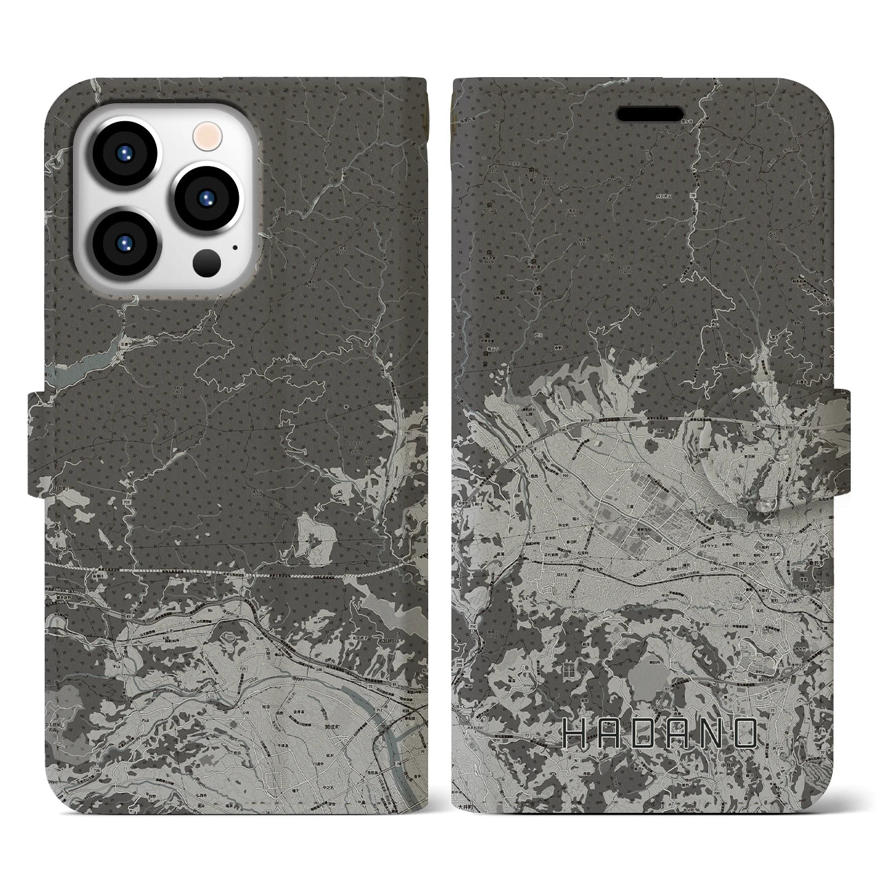 【秦野(神奈川県)】地図柄iPhoneケース(手帳タイプ)モノトーン・iPhone 13 Pro 用