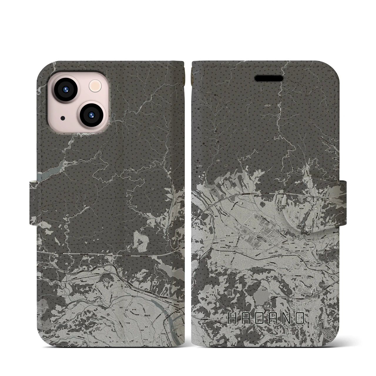【秦野(神奈川県)】地図柄iPhoneケース(手帳タイプ)モノトーン・iPhone 13 mini 用