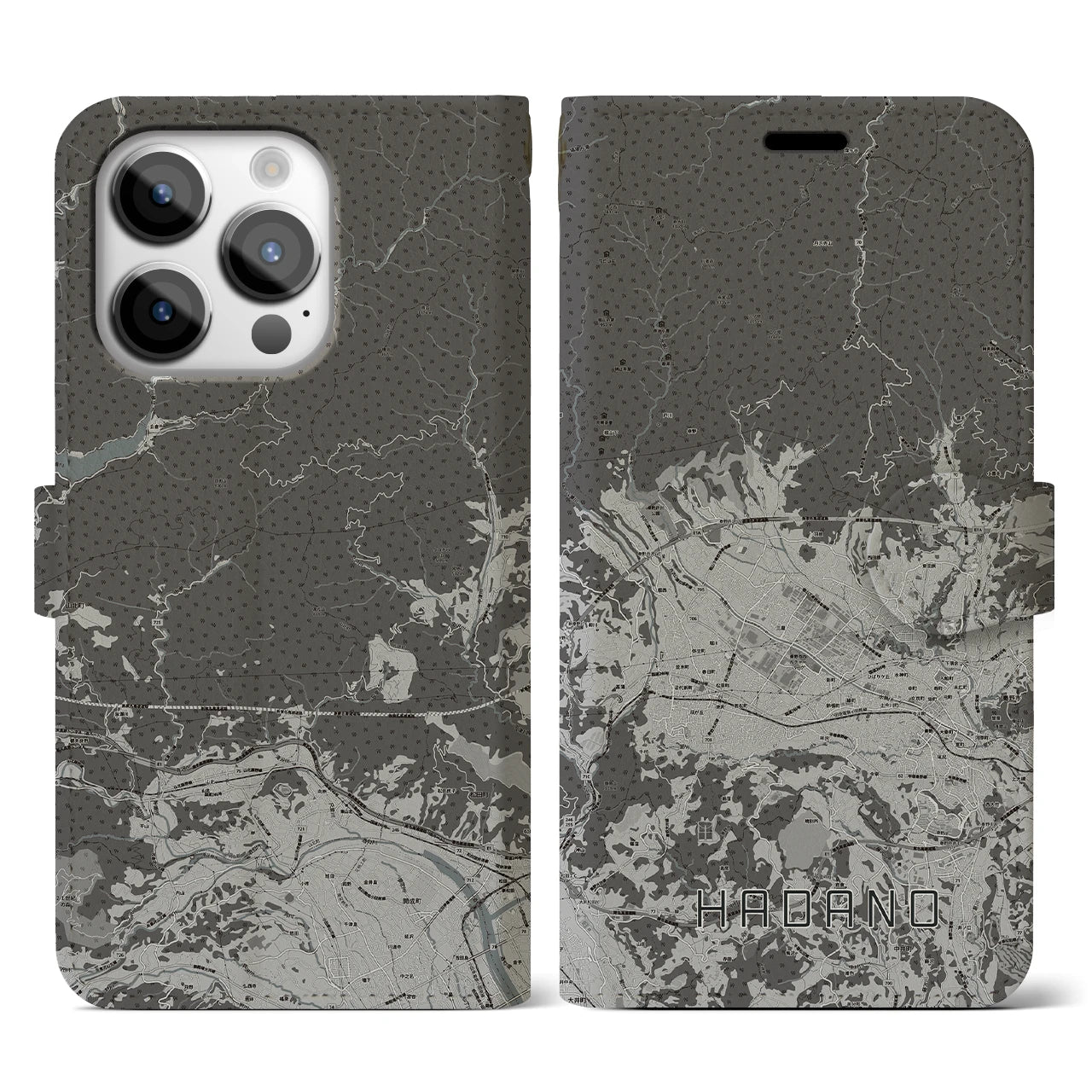 【秦野(神奈川県)】地図柄iPhoneケース(手帳タイプ)モノトーン・iPhone 14 Pro 用