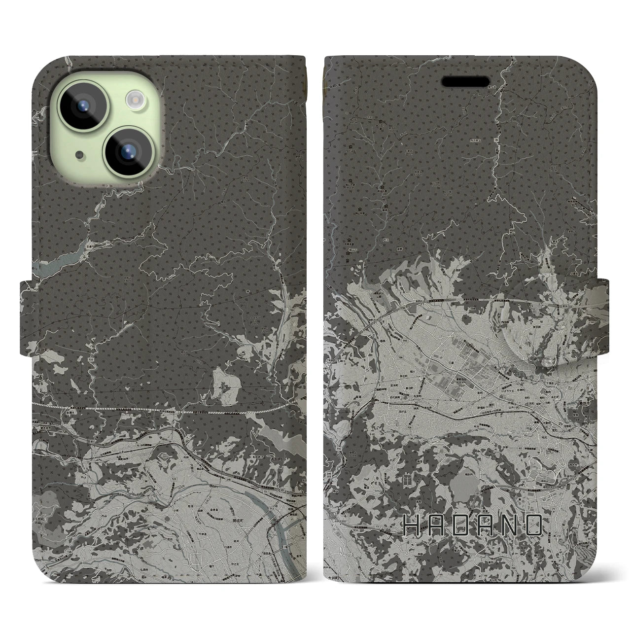 【秦野(神奈川県)】地図柄iPhoneケース(手帳タイプ)モノトーン・iPhone 15 用