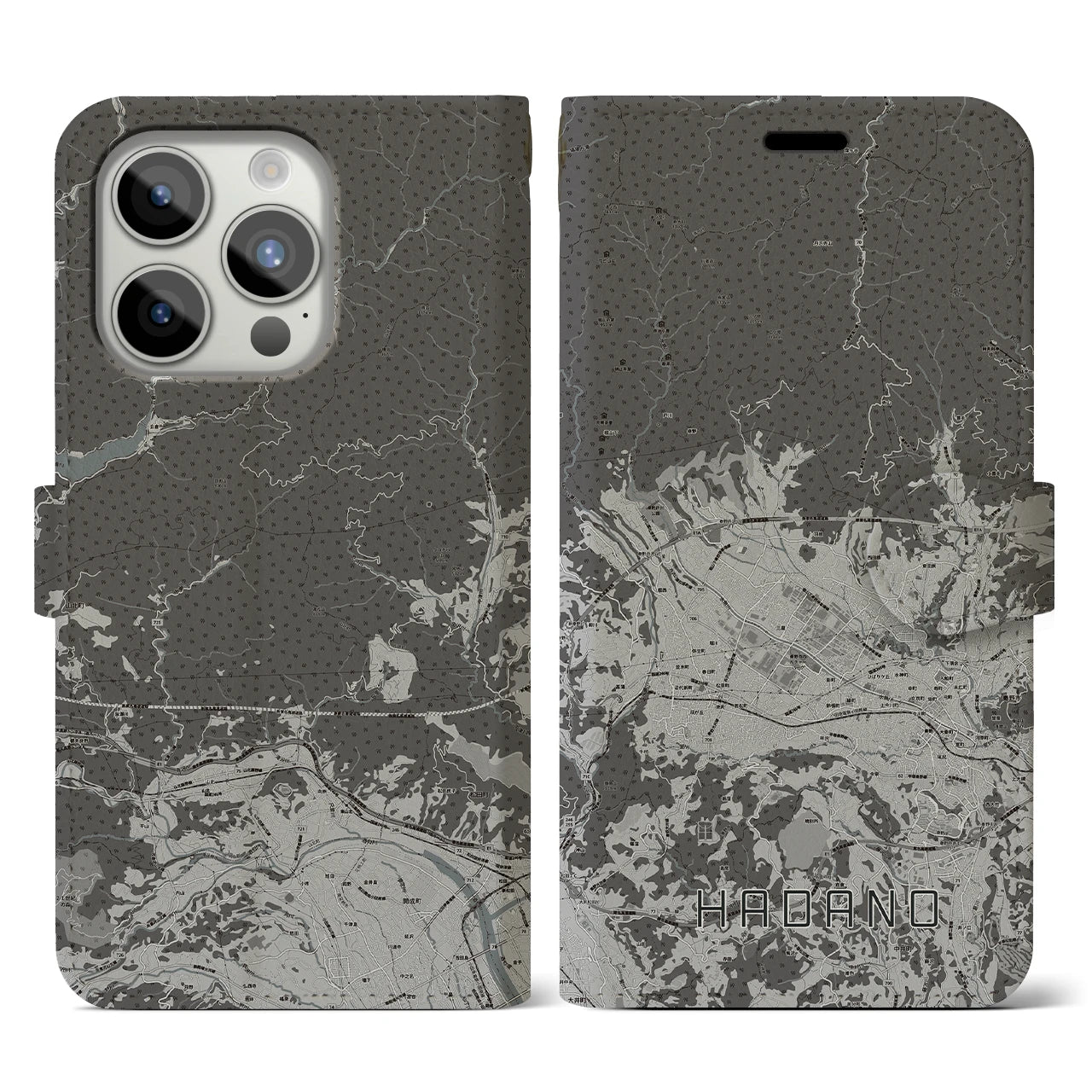 【秦野(神奈川県)】地図柄iPhoneケース(手帳タイプ)モノトーン・iPhone 15 Pro 用