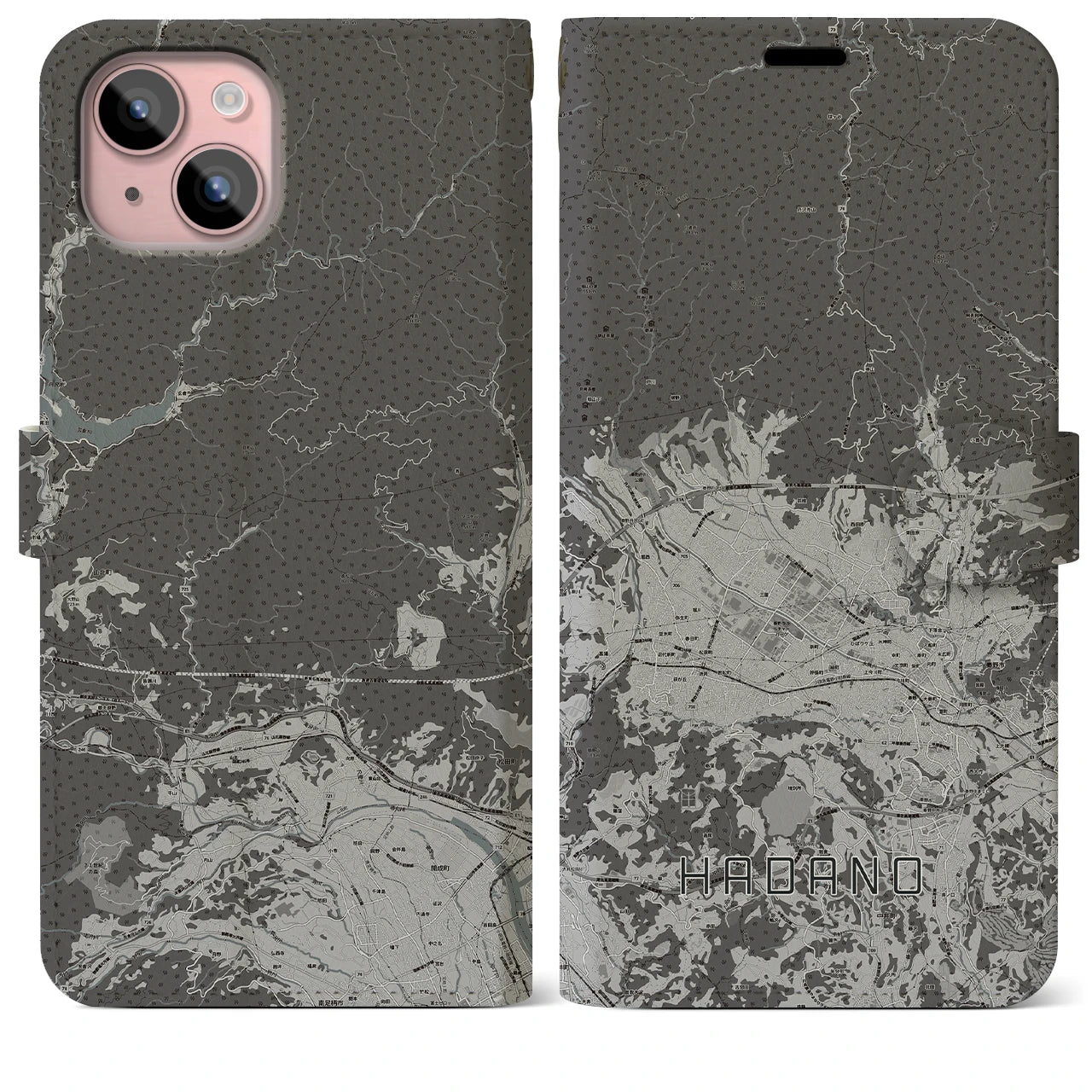 【秦野(神奈川県)】地図柄iPhoneケース(手帳タイプ)モノトーン・iPhone 15 Plus 用