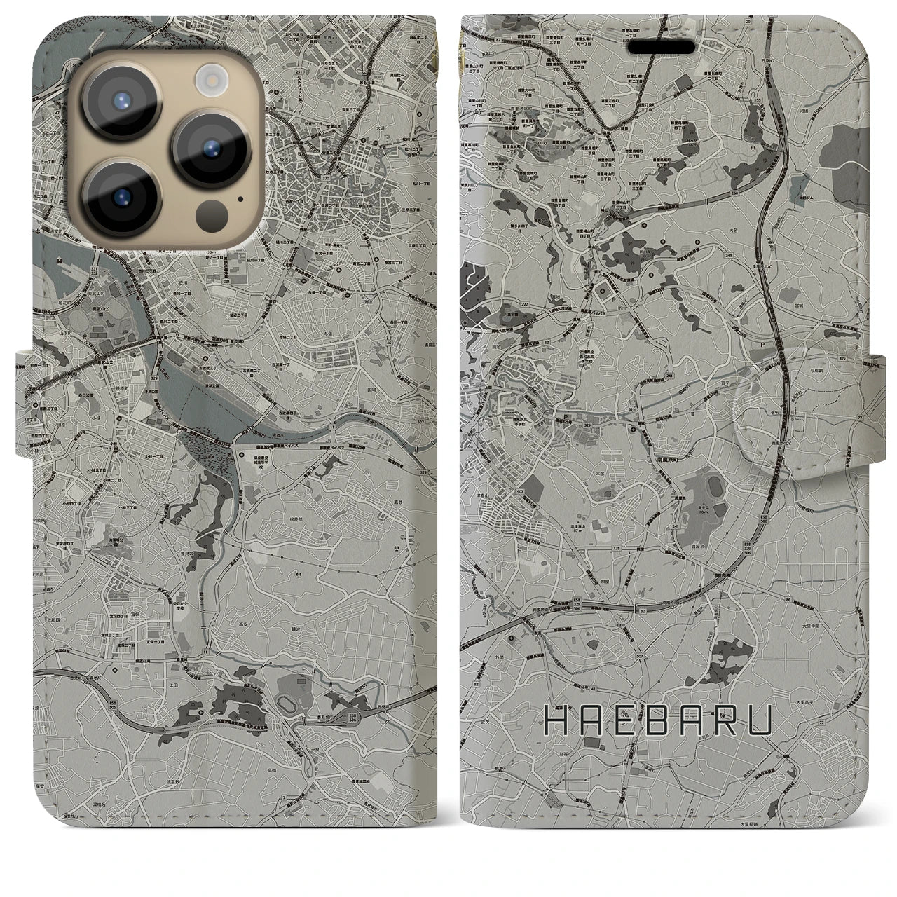 【南風原(沖縄県)】地図柄iPhoneケース(手帳タイプ)モノトーン・iPhone 14 Pro Max 用