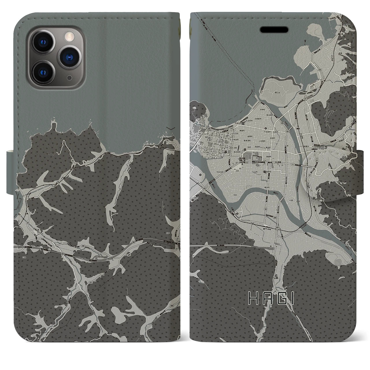 【萩2(山口県)】地図柄iPhoneケース(手帳タイプ)モノトーン・iPhone 11 Pro Max 用