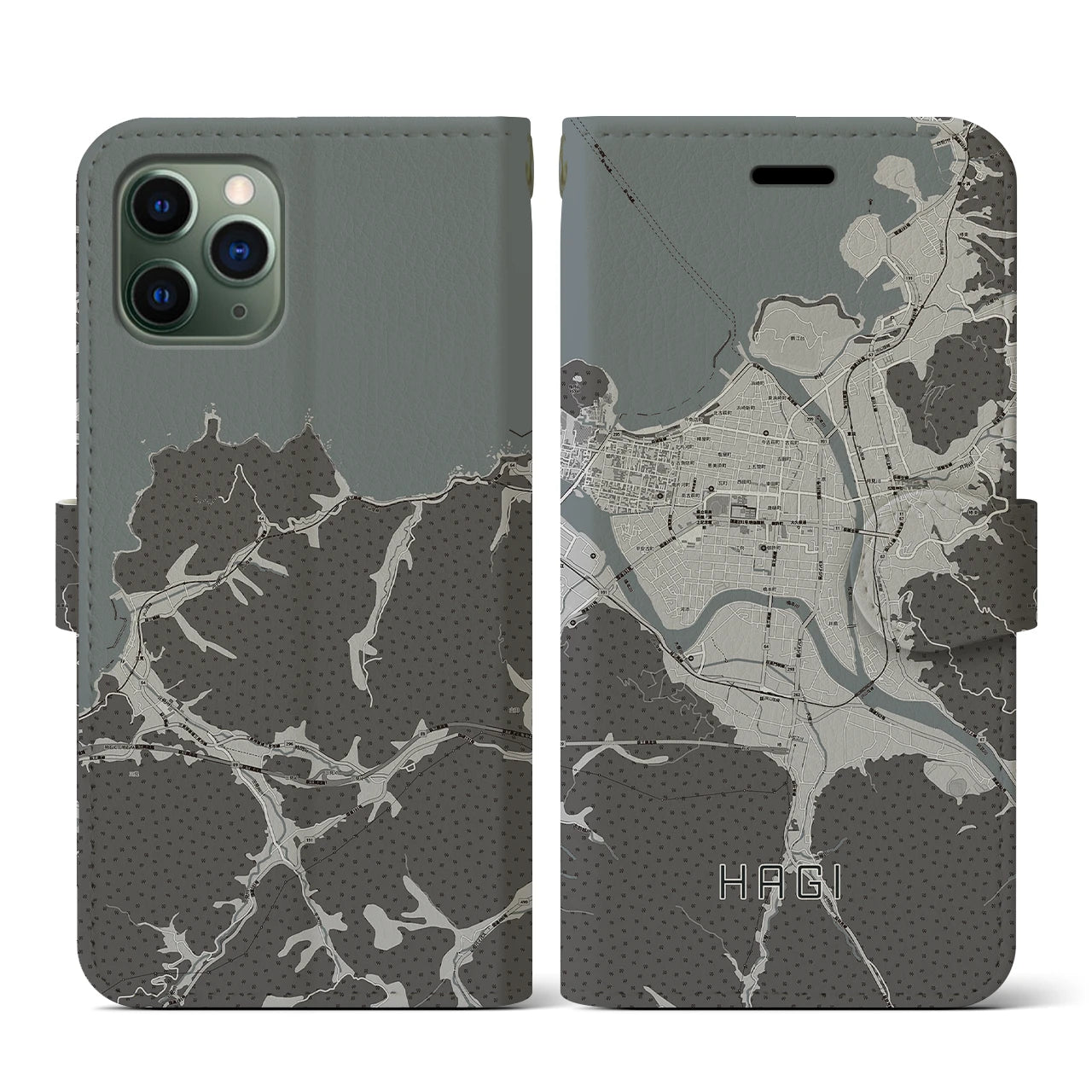 【萩2(山口県)】地図柄iPhoneケース(手帳タイプ)モノトーン・iPhone 11 Pro 用