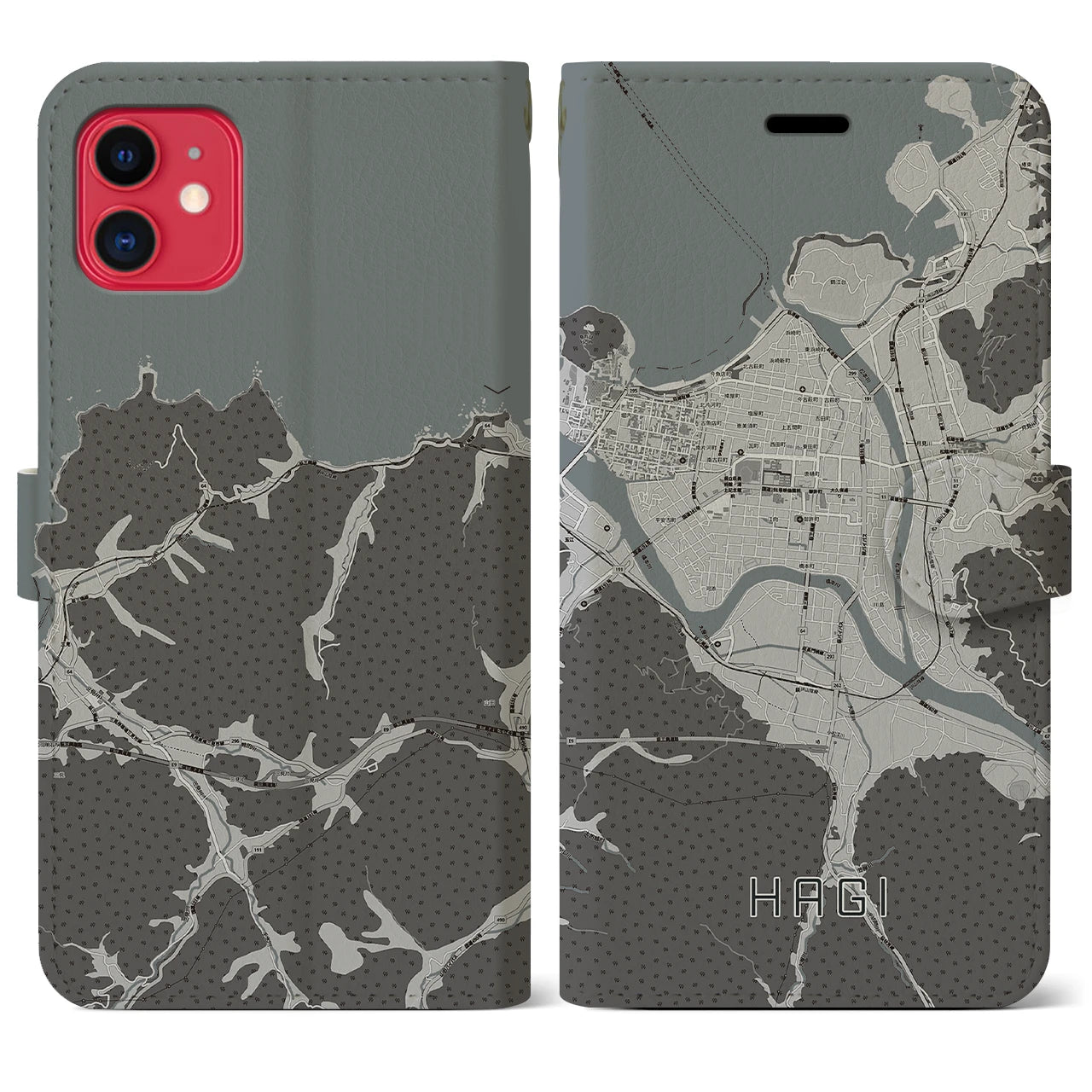 【萩2(山口県)】地図柄iPhoneケース(手帳タイプ)モノトーン・iPhone 11 用