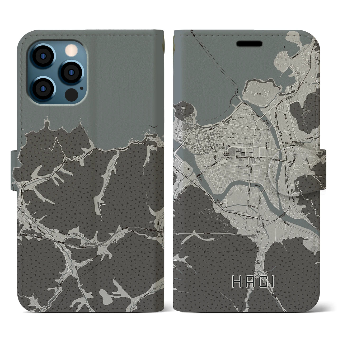 【萩2(山口県)】地図柄iPhoneケース(手帳タイプ)モノトーン・iPhone 12 / 12 Pro 用