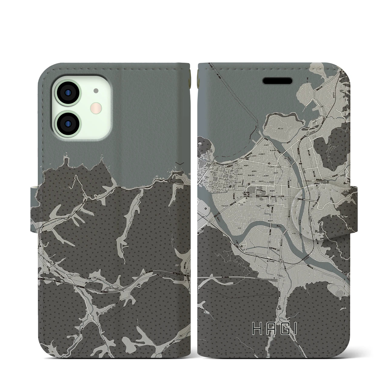 【萩2(山口県)】地図柄iPhoneケース(手帳タイプ)モノトーン・iPhone 12 mini 用