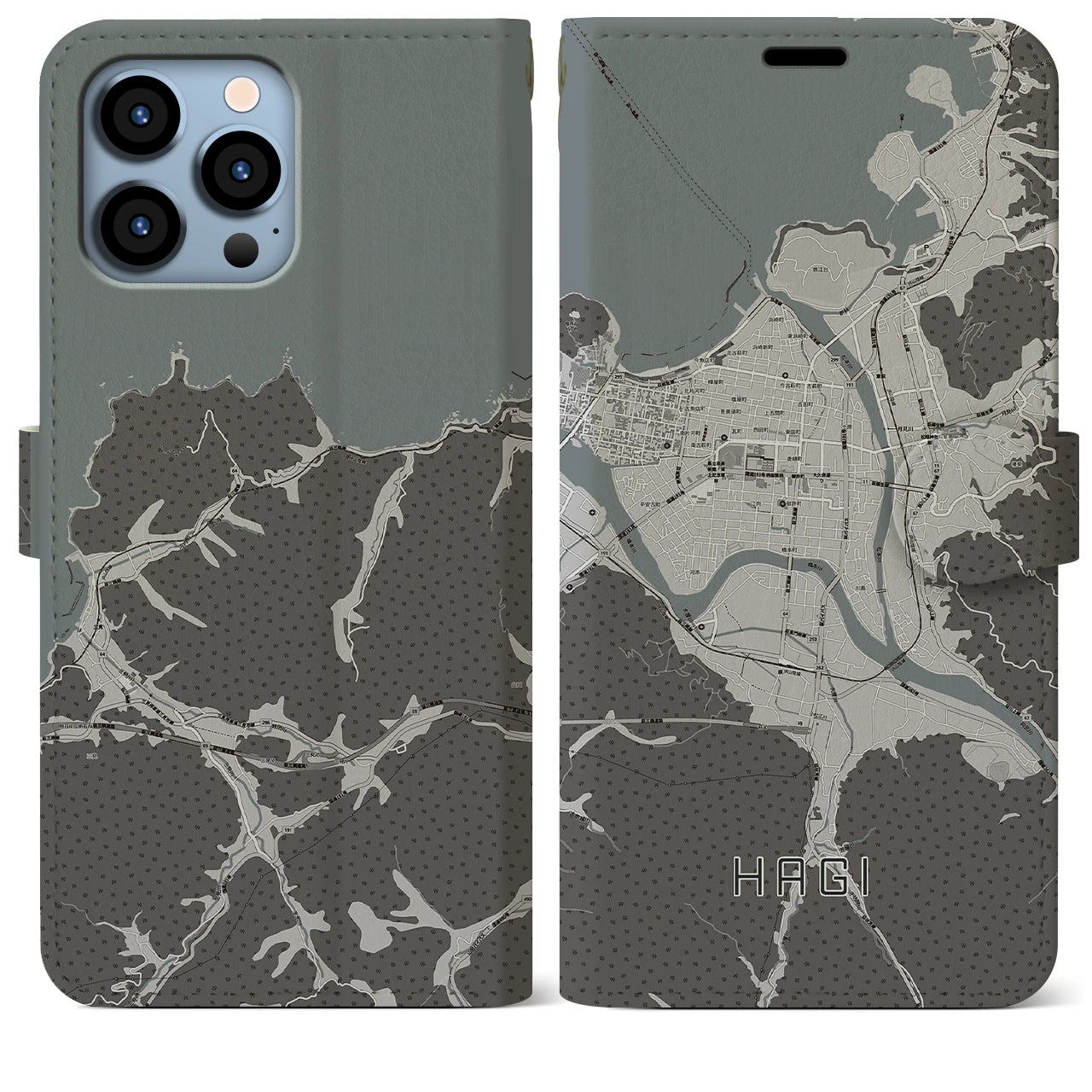 【萩2(山口県)】地図柄iPhoneケース(手帳タイプ)モノトーン・iPhone 13 Pro Max 用
