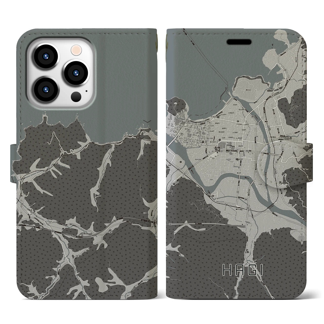 【萩2(山口県)】地図柄iPhoneケース(手帳タイプ)モノトーン・iPhone 13 Pro 用