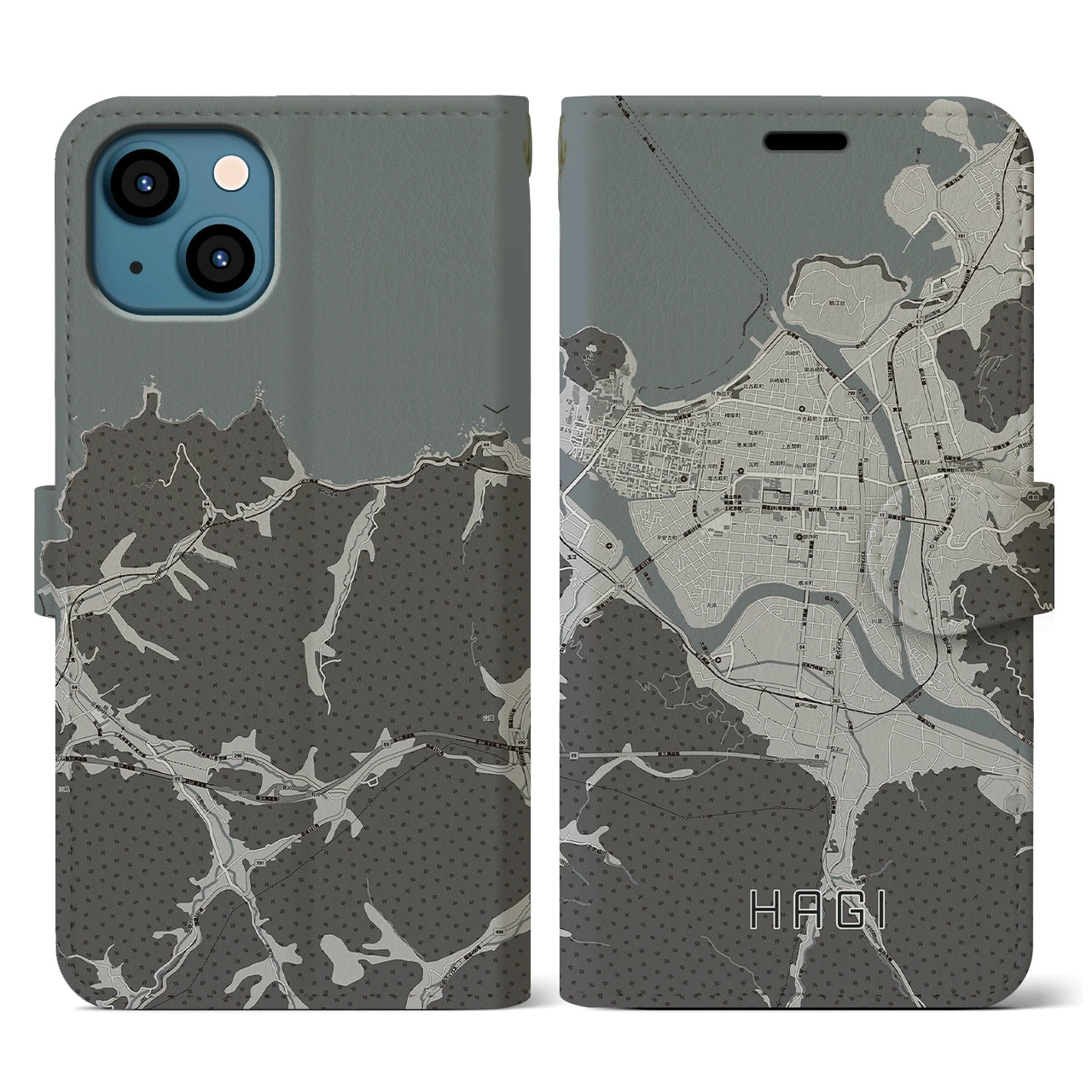 【萩2(山口県)】地図柄iPhoneケース(手帳タイプ)モノトーン・iPhone 13 用