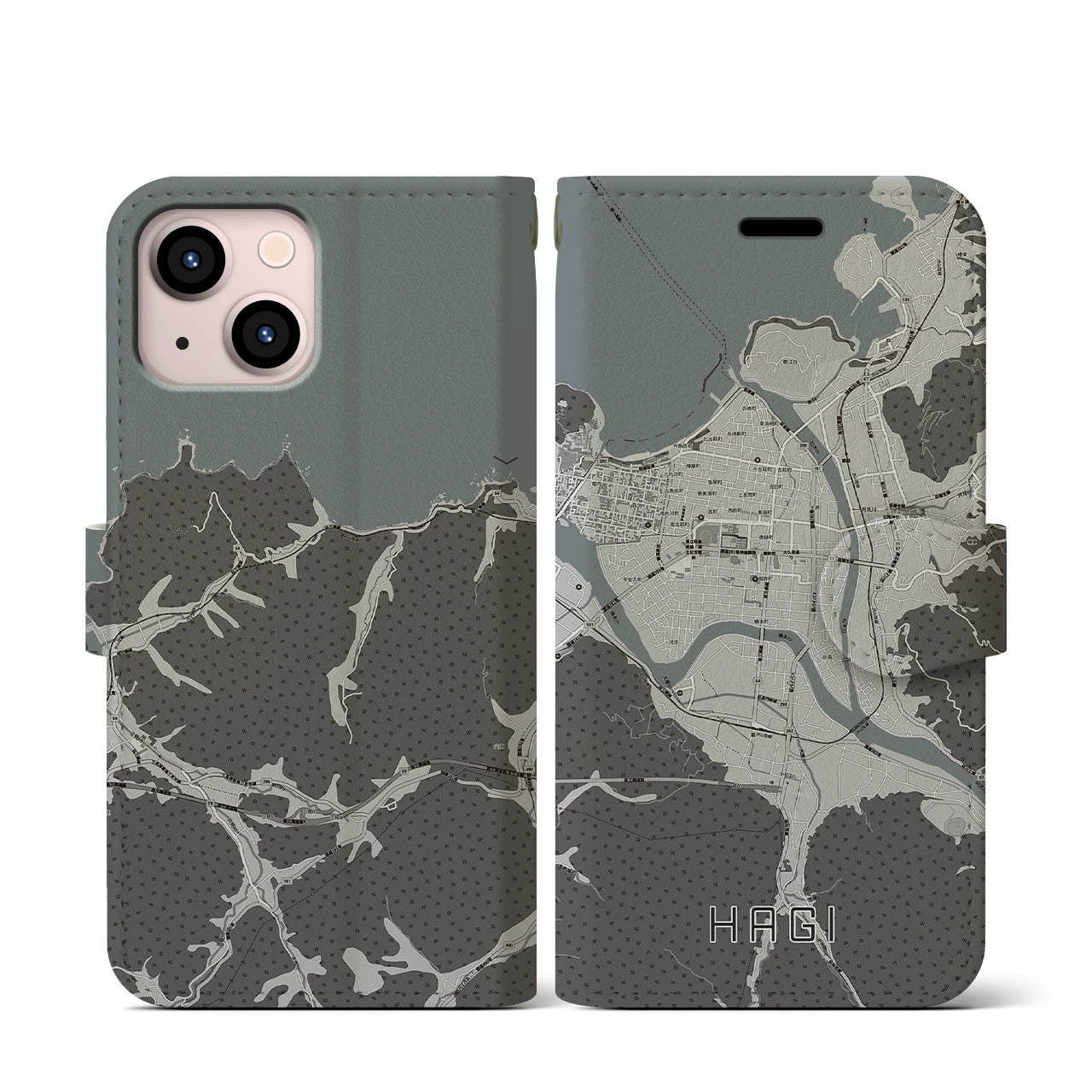 【萩2(山口県)】地図柄iPhoneケース(手帳タイプ)モノトーン・iPhone 13 mini 用