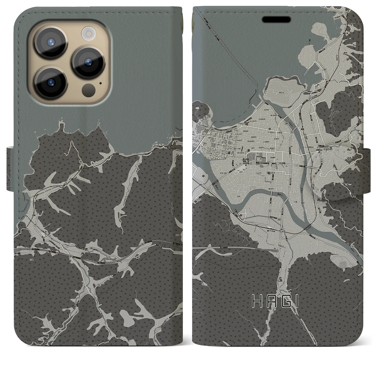 【萩2(山口県)】地図柄iPhoneケース(手帳タイプ)モノトーン・iPhone 14 Pro Max 用
