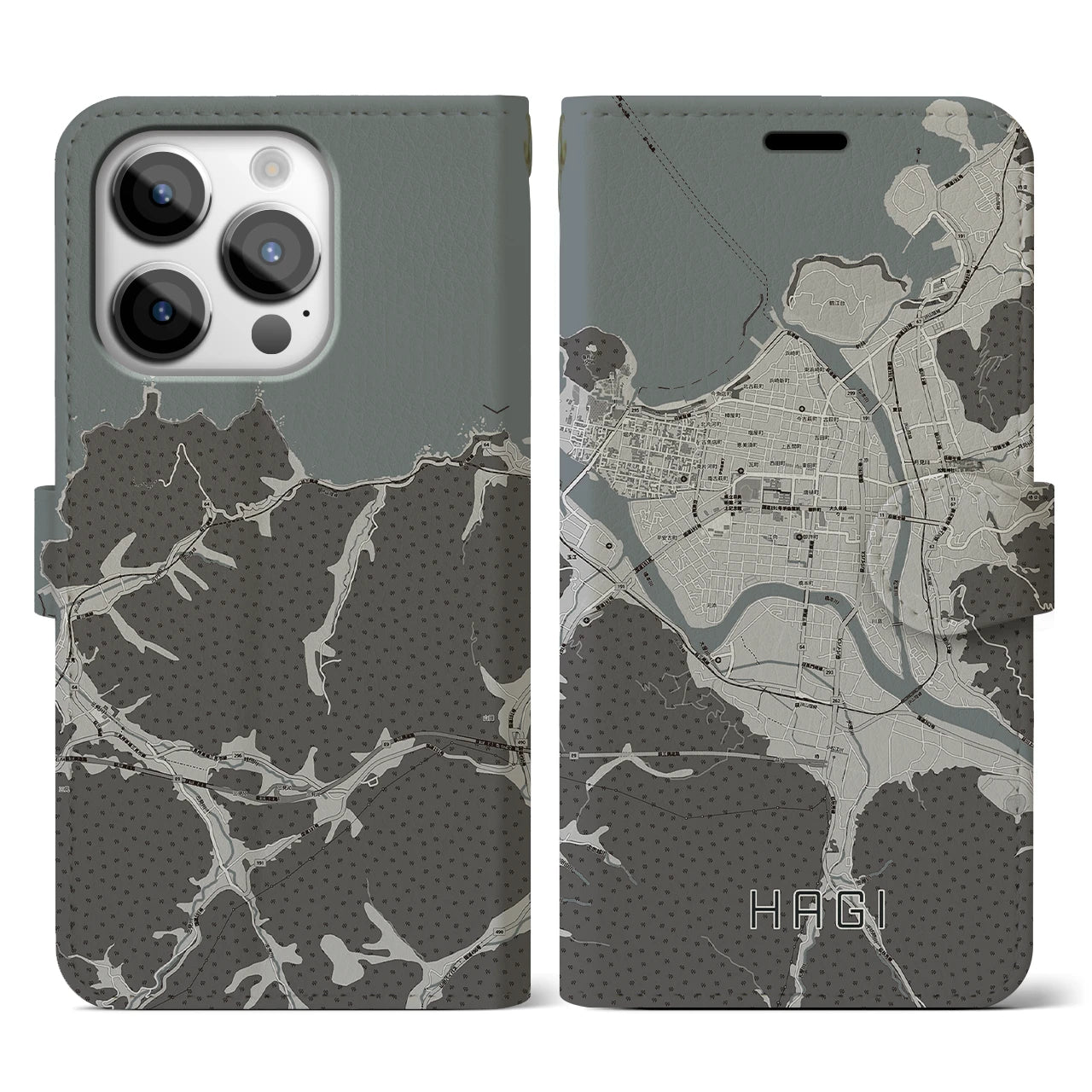 【萩2(山口県)】地図柄iPhoneケース(手帳タイプ)モノトーン・iPhone 14 Pro 用