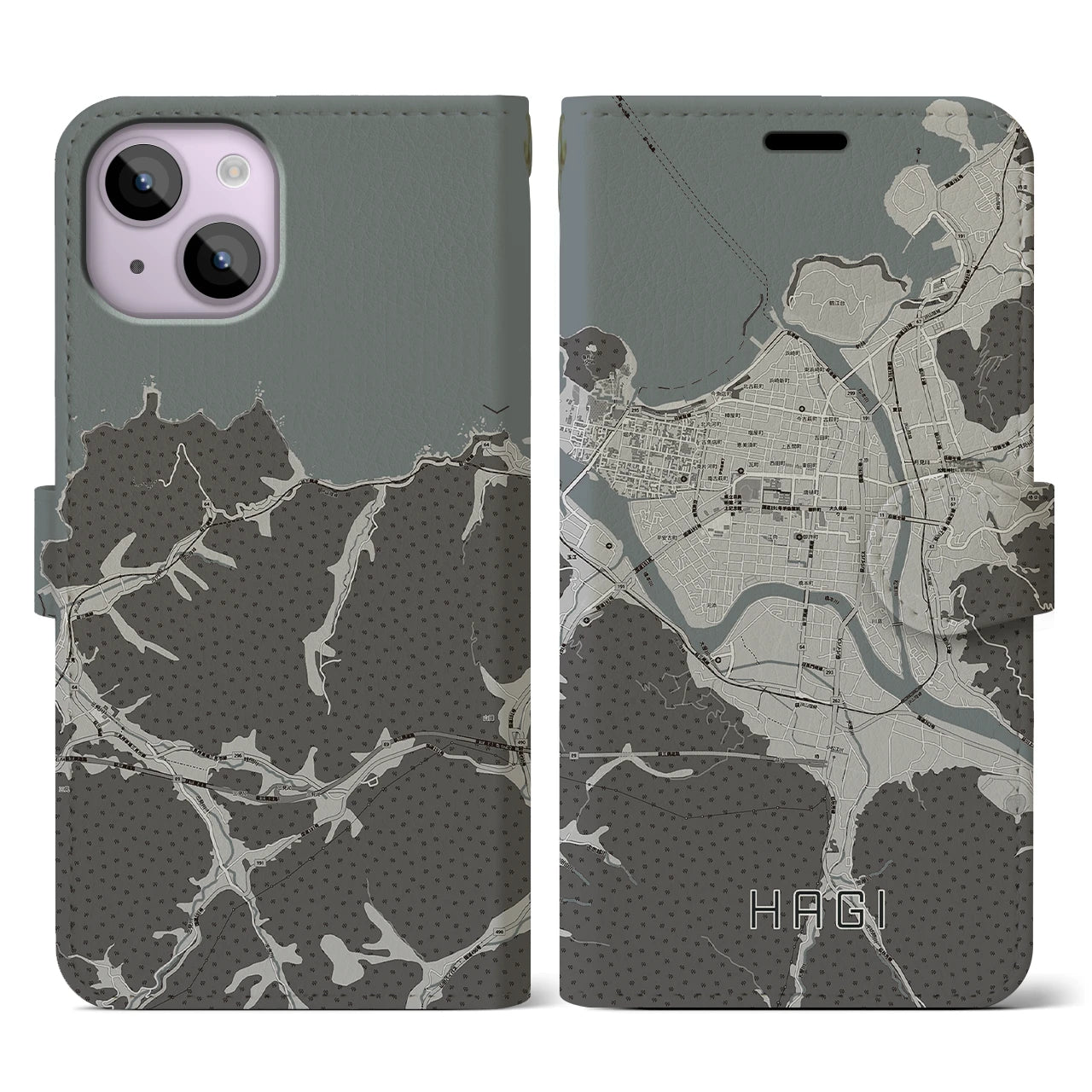 【萩2(山口県)】地図柄iPhoneケース(手帳タイプ)モノトーン・iPhone 14 用