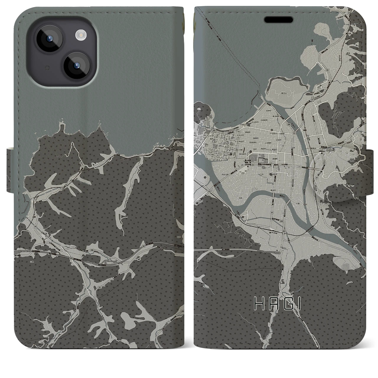 【萩2(山口県)】地図柄iPhoneケース(手帳タイプ)モノトーン・iPhone 14 Plus 用
