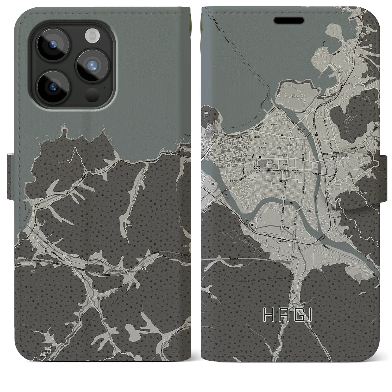 【萩2(山口県)】地図柄iPhoneケース(手帳タイプ)モノトーン・iPhone 15 Pro Max 用