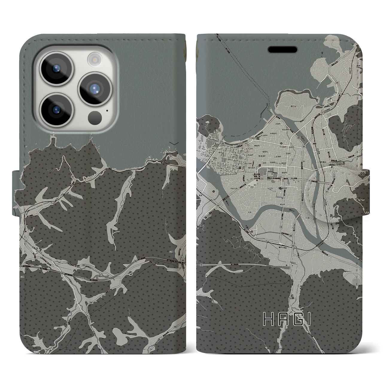【萩2(山口県)】地図柄iPhoneケース(手帳タイプ)モノトーン・iPhone 15 Pro 用