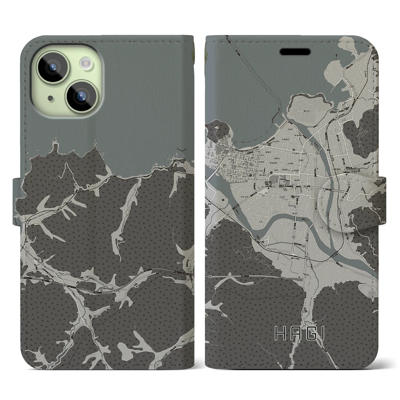 【萩2(山口県)】地図柄iPhoneケース(手帳タイプ)モノトーン・iPhone 15 用