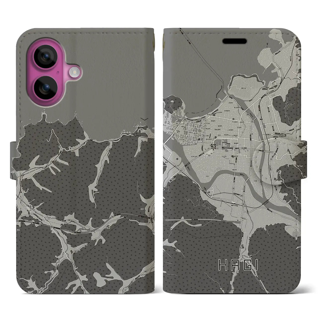 【萩2(山口県)】地図柄iPhoneケース(手帳タイプ)モノトーン・iPhone 16 Pro 用