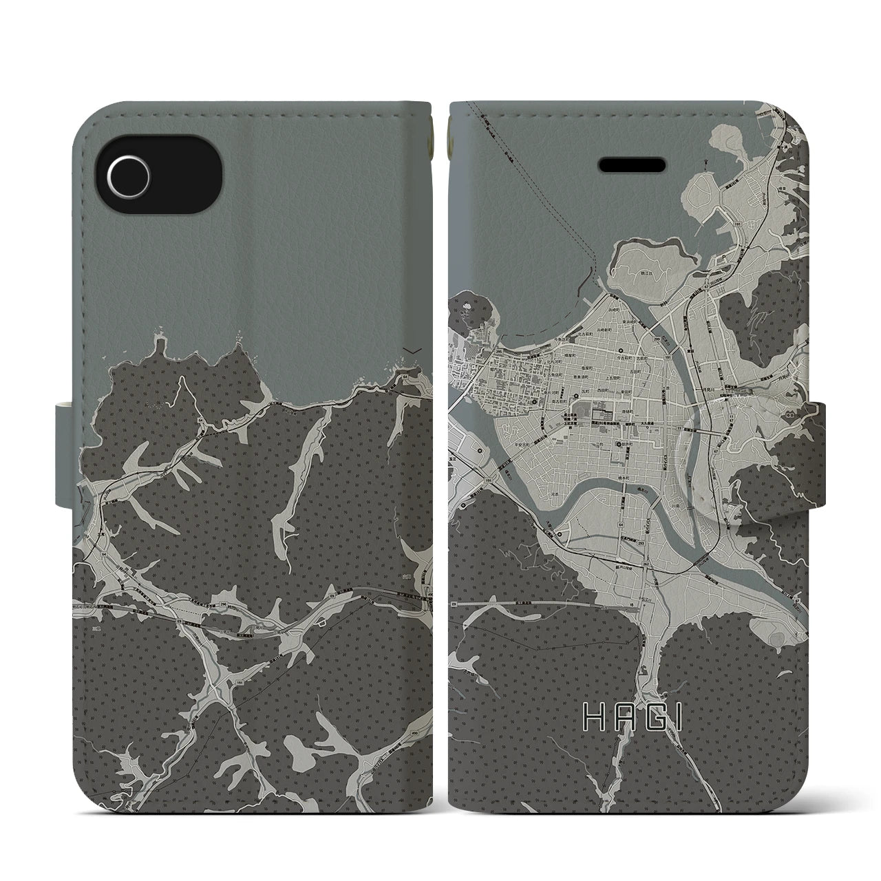【萩2(山口県)】地図柄iPhoneケース(手帳タイプ)モノトーン・iPhone SE(第3 / 第2世代) / 8 / 7 / 6s / 6 用