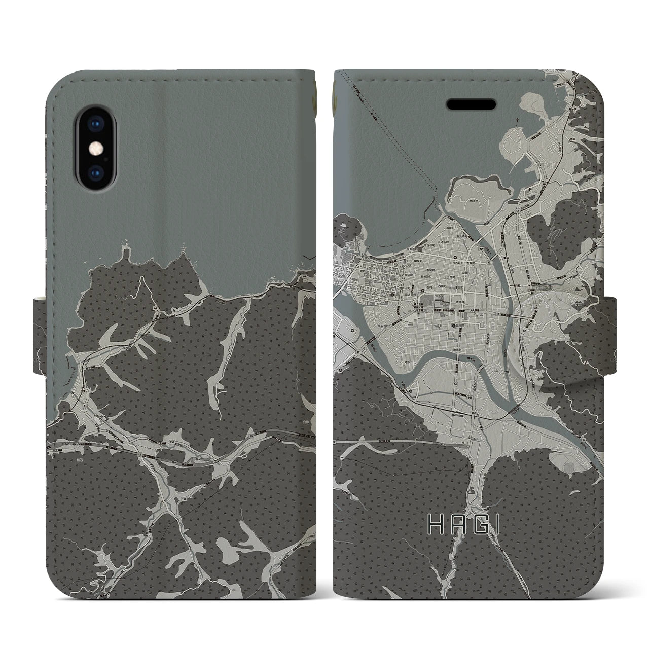 【萩2(山口県)】地図柄iPhoneケース(手帳タイプ)モノトーン・iPhone XS / X 用