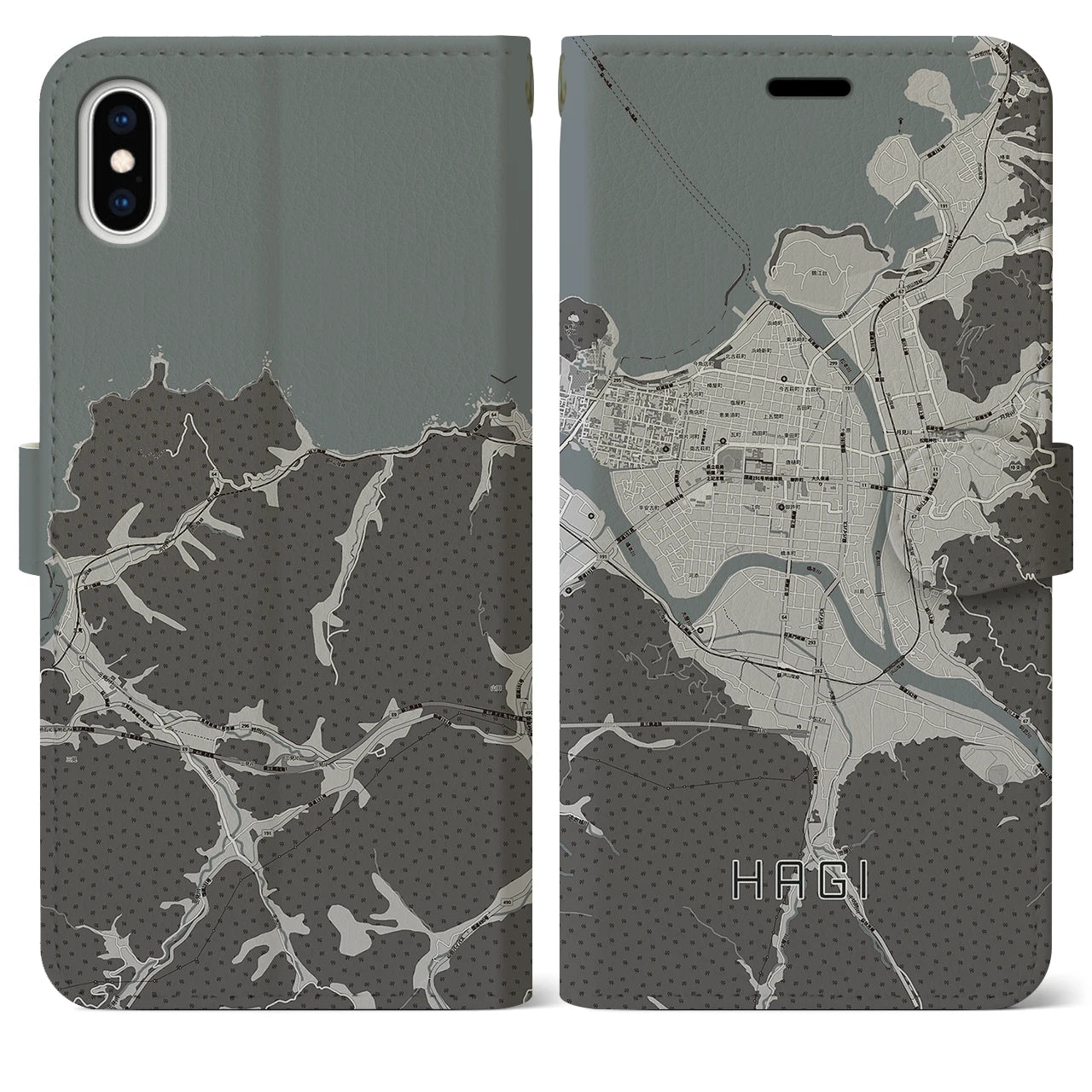 【萩2(山口県)】地図柄iPhoneケース(手帳タイプ)モノトーン・iPhone XS Max 用