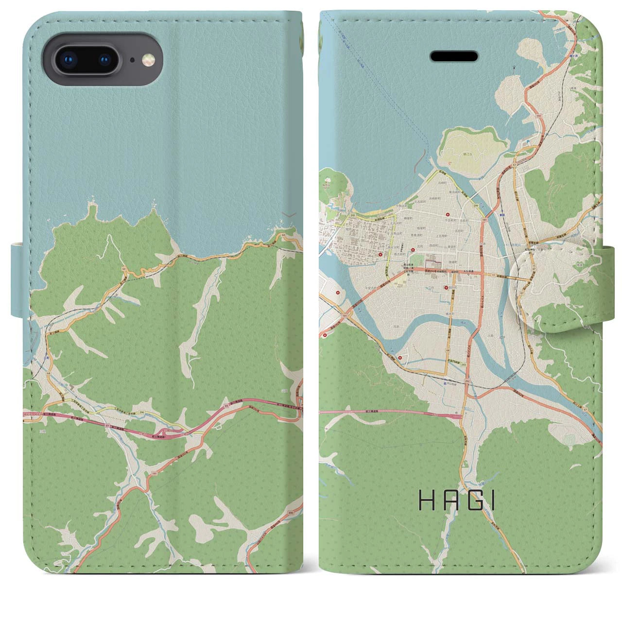 【萩2(山口県)】地図柄iPhoneケース(手帳タイプ)ナチュラル・iPhone 8Plus /7Plus / 6sPlus / 6Plus 用