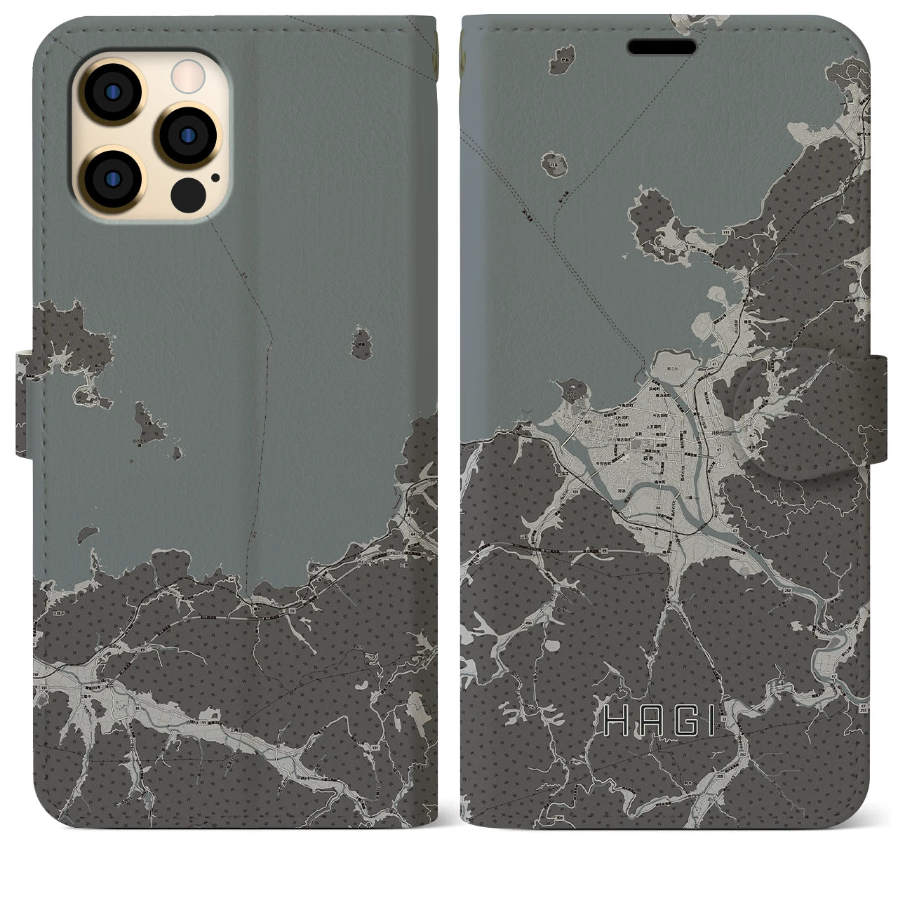【萩(山口県)】地図柄iPhoneケース(手帳タイプ)モノトーン・iPhone 12 Pro Max 用